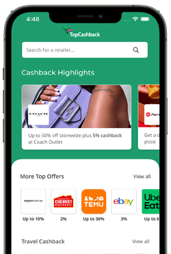 Apple iPhone device showing the TopCashback mobile app homescreen.