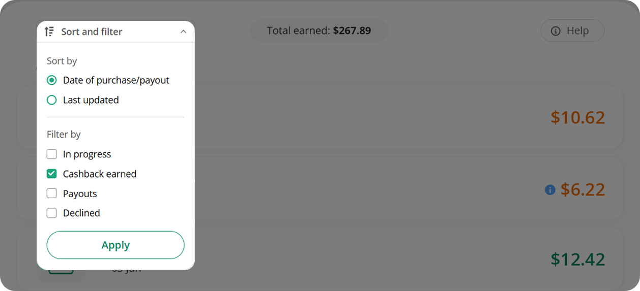 Earnings page filter