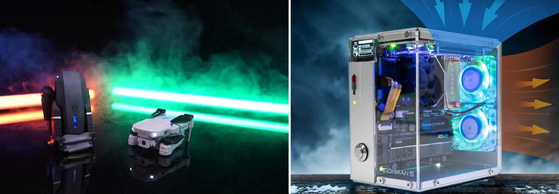 Tech gadgets and a desktop PC with colorful lights.