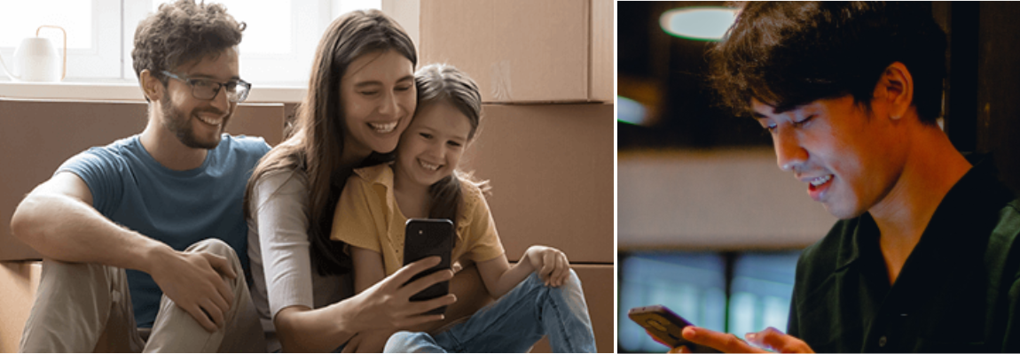 Family smiling at a phone and a man looking at his phone.