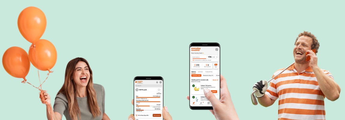 People celebrating with smartphones showing the Everyday Rewards app.