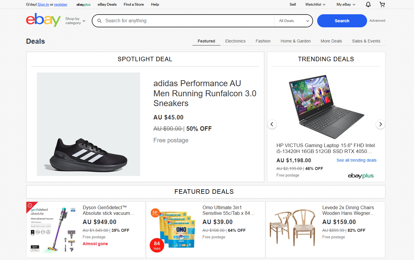 eBay deals homepage.