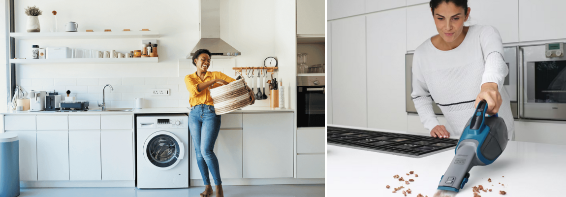 Collage showing a woman in a kitchen with a laundry basket and another woman vacuuming.