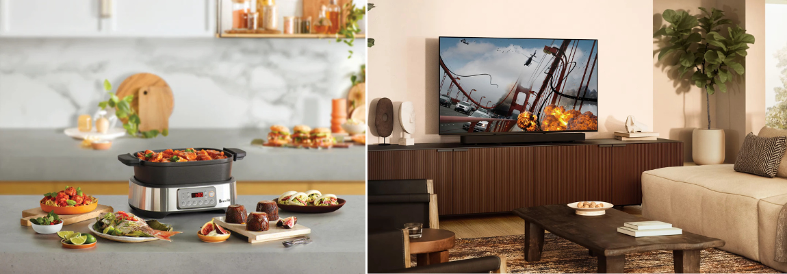 Collage showing a dining table with food and a cooking device, and a living room with a TV and sofas.